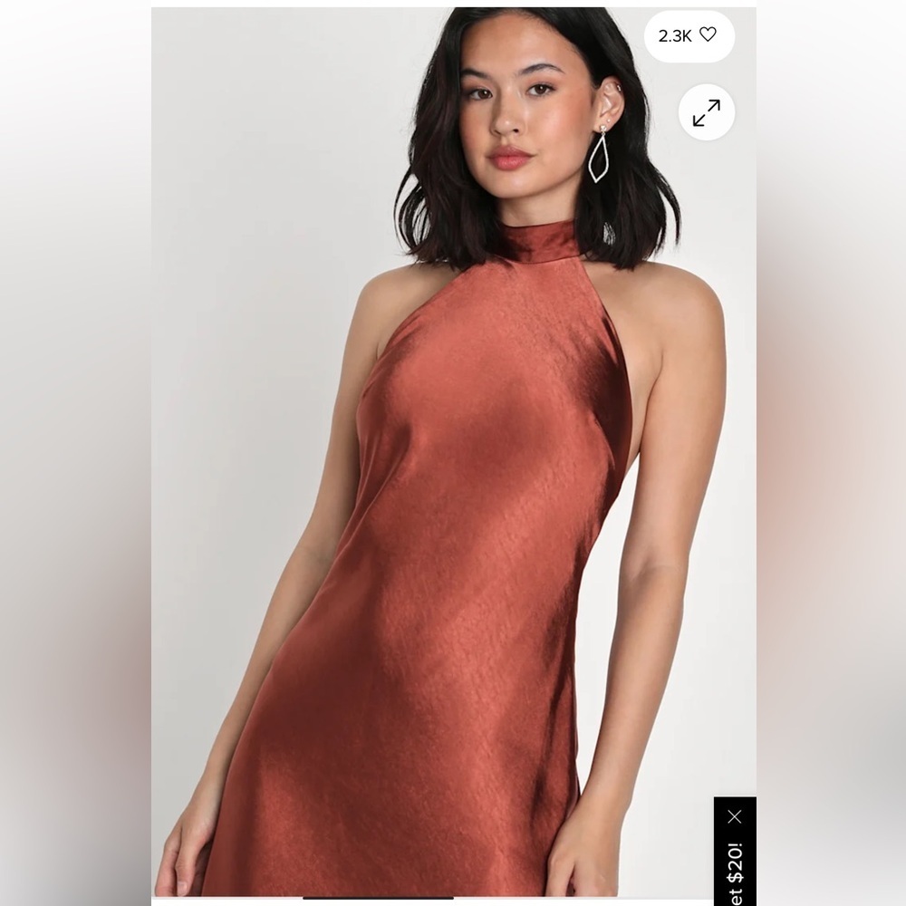 Lulus Love in Your Life Rust Brown Satin Halter Maxi Dress size XS NEW - Picture 4 of 10